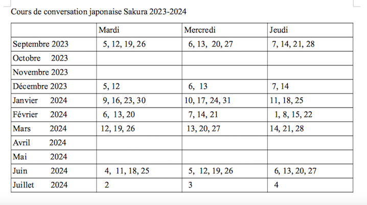 Calendrier de cours 2023-2024